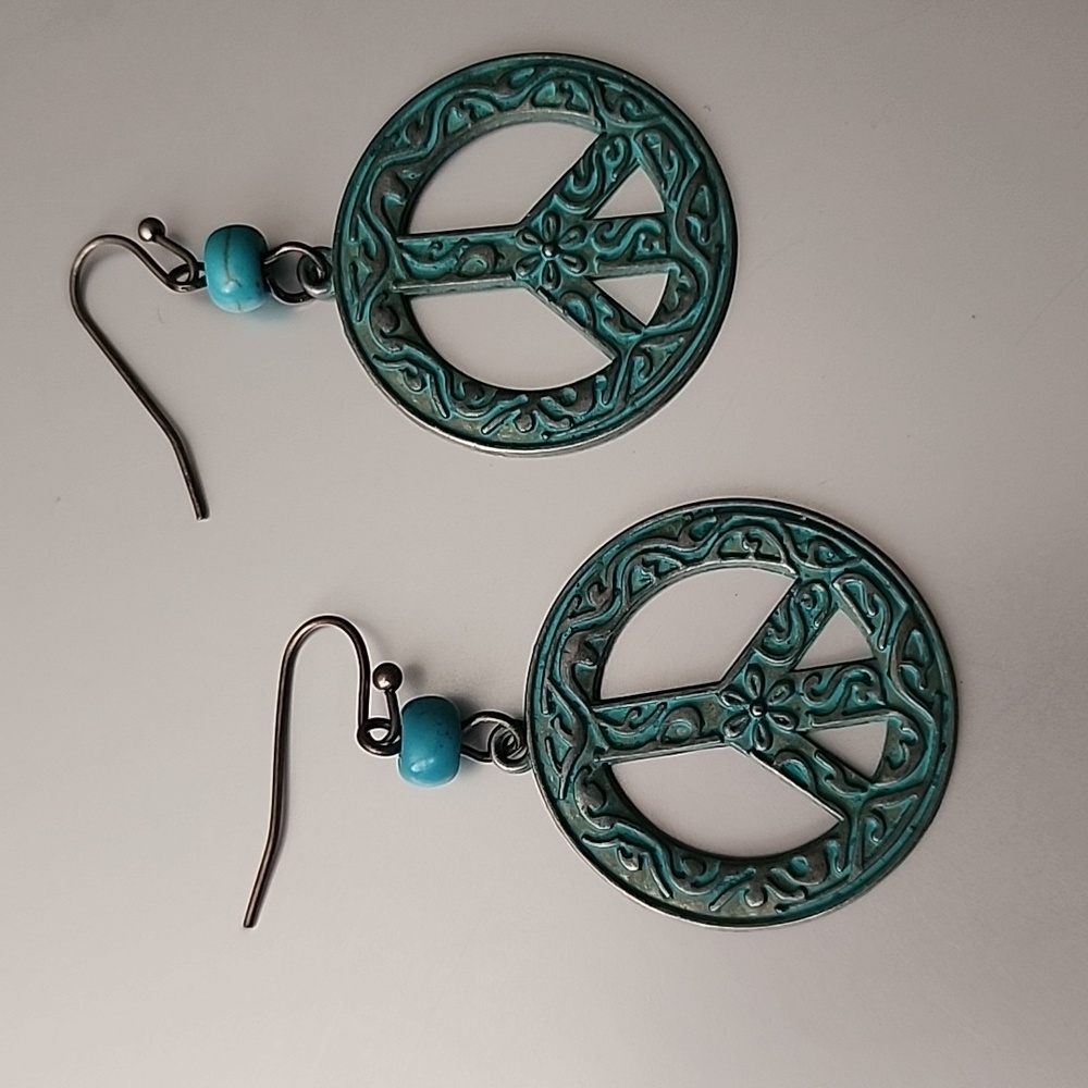Boho Earrings Peace Sign Antiqued Copper